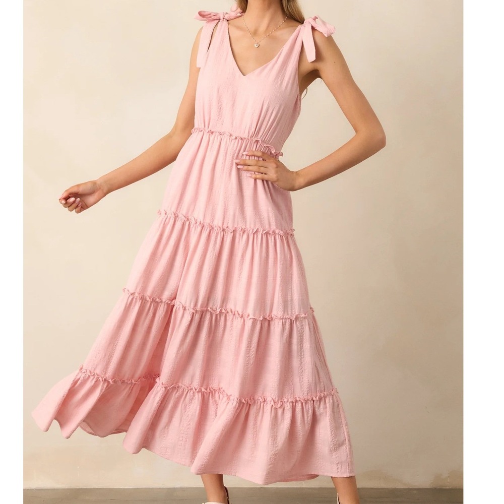 Illa Illa Pink Tiered Midi Dress Tie Shoulders Flowy Boho Boutique Size Small